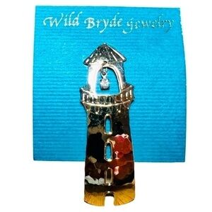 Wild Byrde Lighthouse Pin Brooch Rhinestone NOS Eclectic Hammered Vintage USA